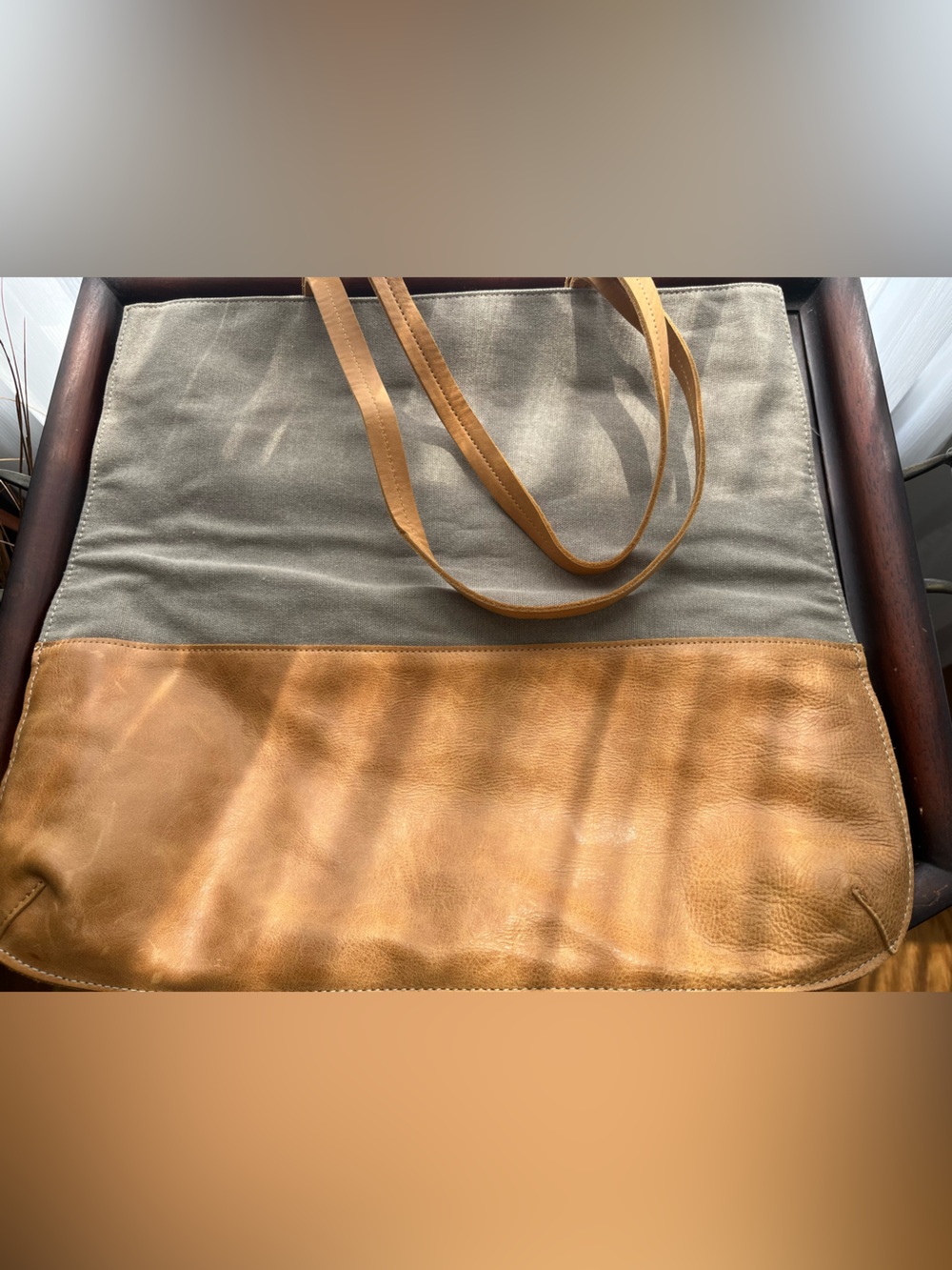 Hearth & Hand with Magnolia tote Leather-Trim Canvas Tote Bag in Tan and Gray